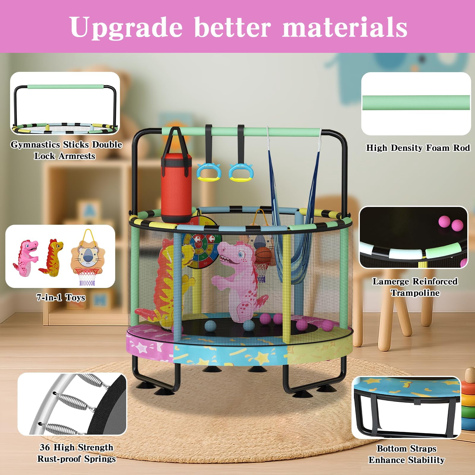 Baxluxe 55" Kids Trampoline with Safety Net, 7-in-1 Adjustable Height Design, 500lbs Weight Capacity for Indoor & Outdoor Use, Fun Mini Trampoline for Children Ages 3-8 Years Old, Colorful