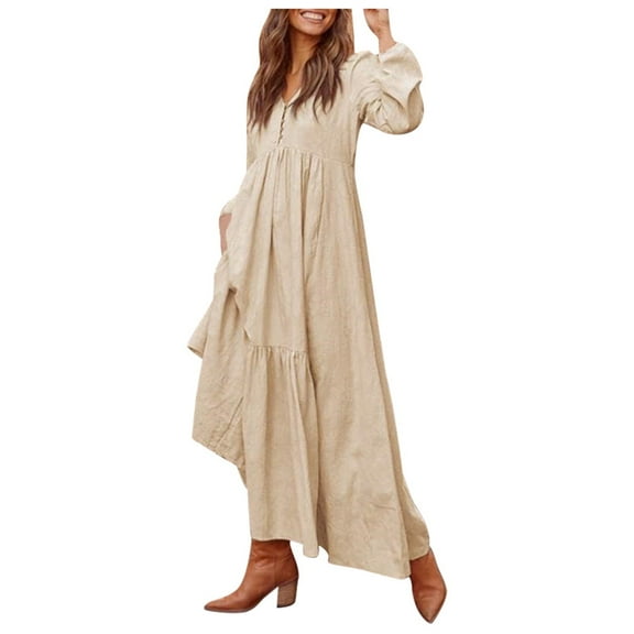 Women's Linen Casual Long Sleeve Maxi Dress Flowy Flared Skirt Comfortable Elegant Boho Summer Outfit