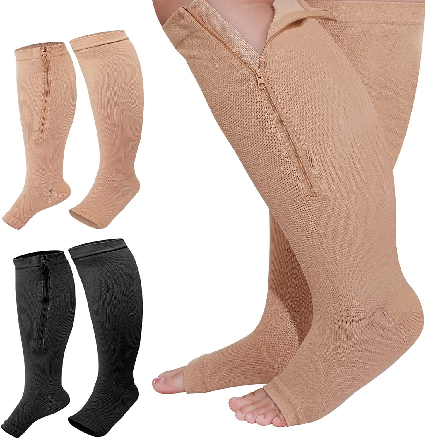 2 Pair Wide Plus Size Calf Compression Socks with Zipper for Overweight Women Men 15 to 25 MmHg