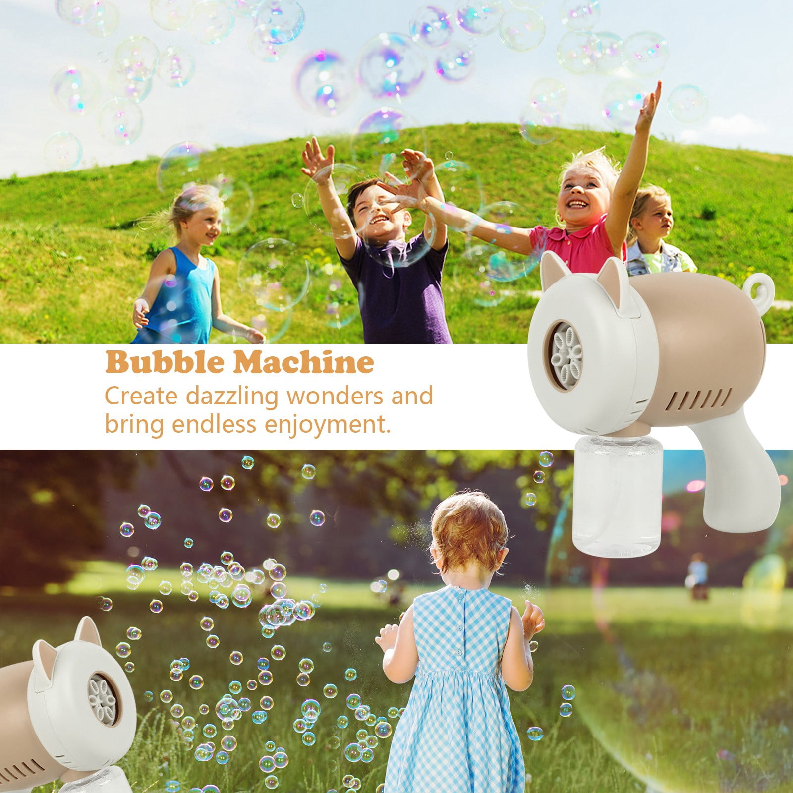 Automatic Bubble Machine, Multi-Hole Bubble Blower with Large Bubble Output and Leak Resistant Design, Plastic Bubble Maker with 130ml Bubble Solution for Party Event (Brown)