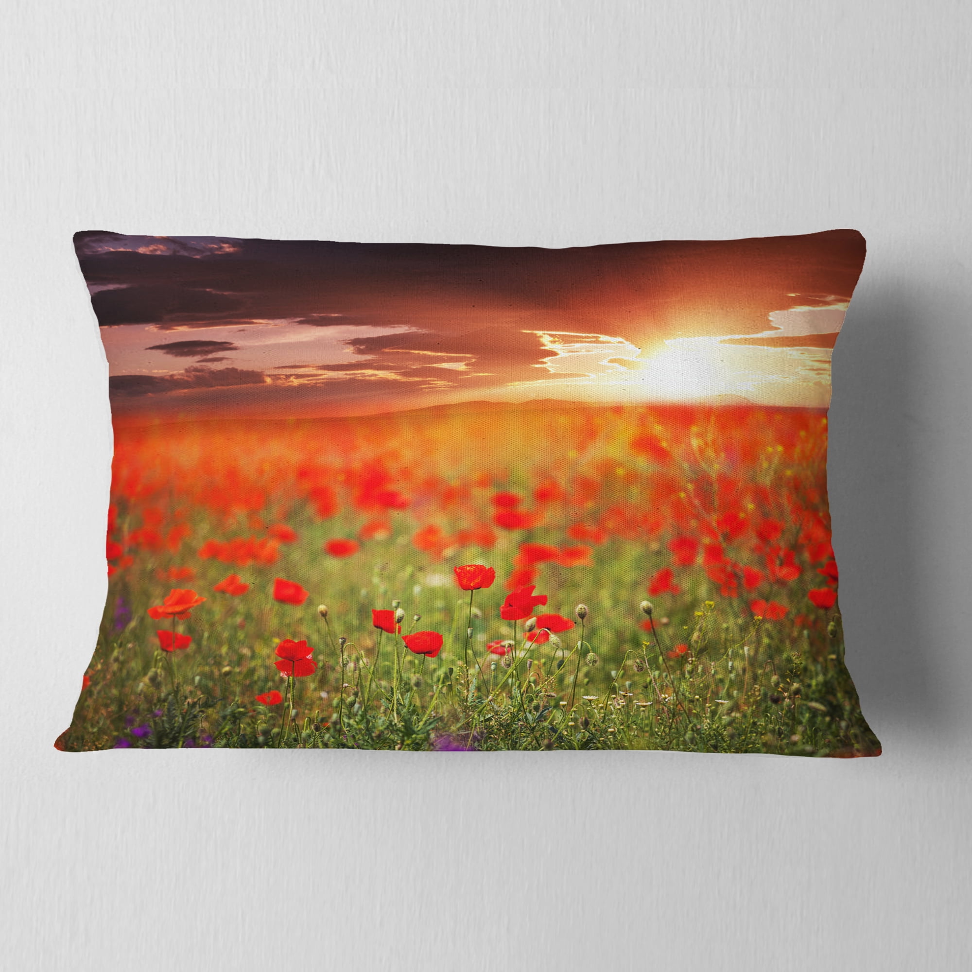 Designart Wild Poppy Flowers At Cloudy Sunset - Flower Throw Pillow - 12x20