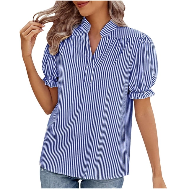 Besolor Womens Summer Stripes Shirts Stand Collar V Neck Ruffle Short Sleeve Casual Work Going out Tops Tees