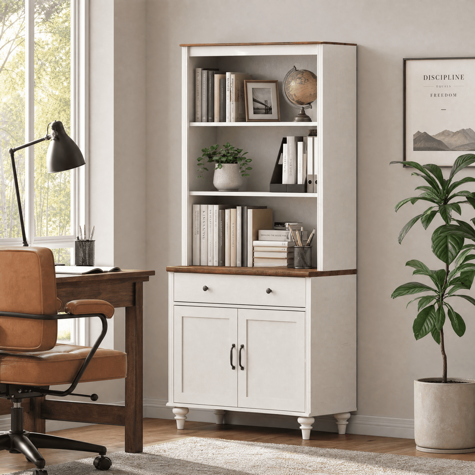 Sideboard Buffet Cabinet, 5 Tier Bookshelf, 72" Tall Bookcase, Large Farmhouse Display Book Shelf with Wood Doors and Storage Cabinet，Library Wooden Bookshelves for Living Room, Kitchen, White