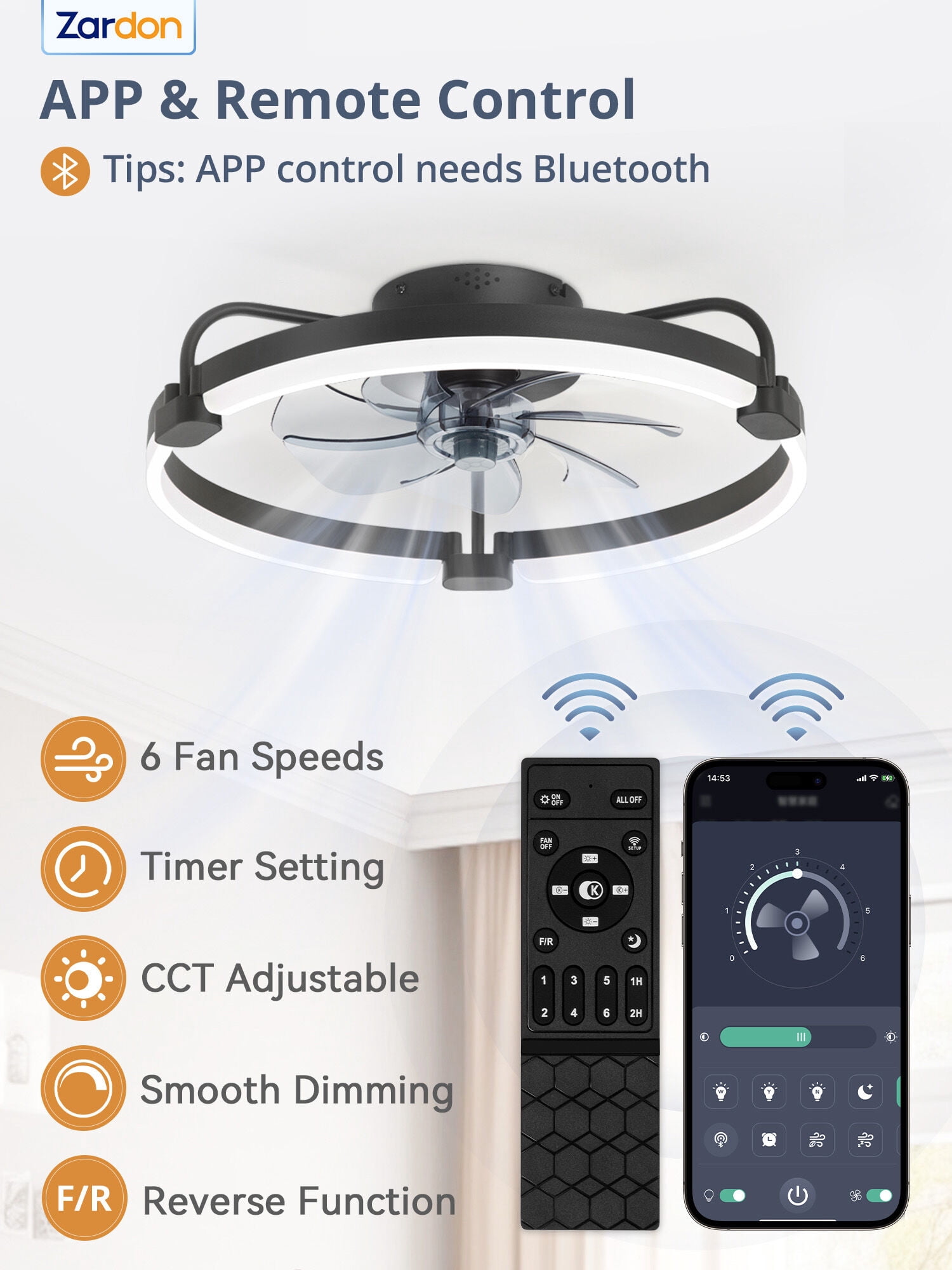 Zardon 20'' Ceiling Fans with Lights and Remote, Modern Flush Mount ,Dimmable LED Fan Light, for Bedroom, Black