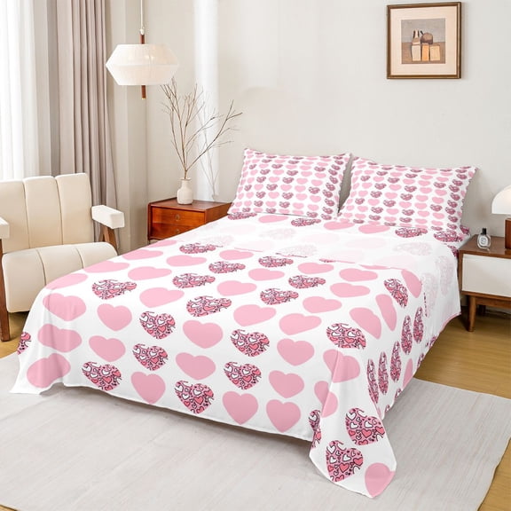 Homewish Love Heart Print Twin Sheet Sets 3pcs for Female Men Adults,Pink White Twin Fitted Sheet Microfiber,Romantic Valentine's Day Breathable Flat Sheet,Microfiber Bedroom Decor