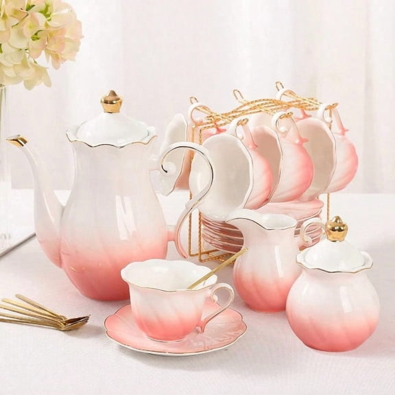 22 pcs Porcelain Tea Set for 6 Luxury British Style Tea/Coffee Cup Set with Golden Trim Beautiful Tea Set for Women Tea Party Set Gift Package With a Stand - Gradient Pink