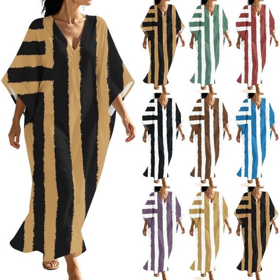 Plus Size Summer Dresses for Women Women's V-Neck Striped Print Three-Quarter Sleeve Maxi Dress With Side Slits Bohemian Flowy Black L