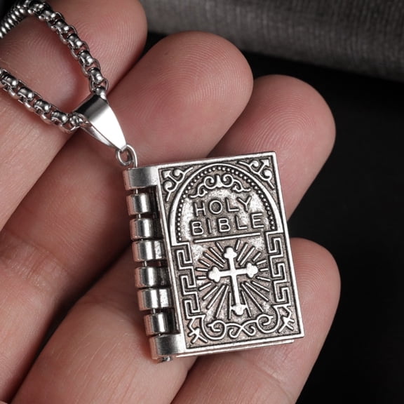 Silver Cross Bible Book Pendant Necklace Chain, Religious Christian Jewelry for Men Women, Gift