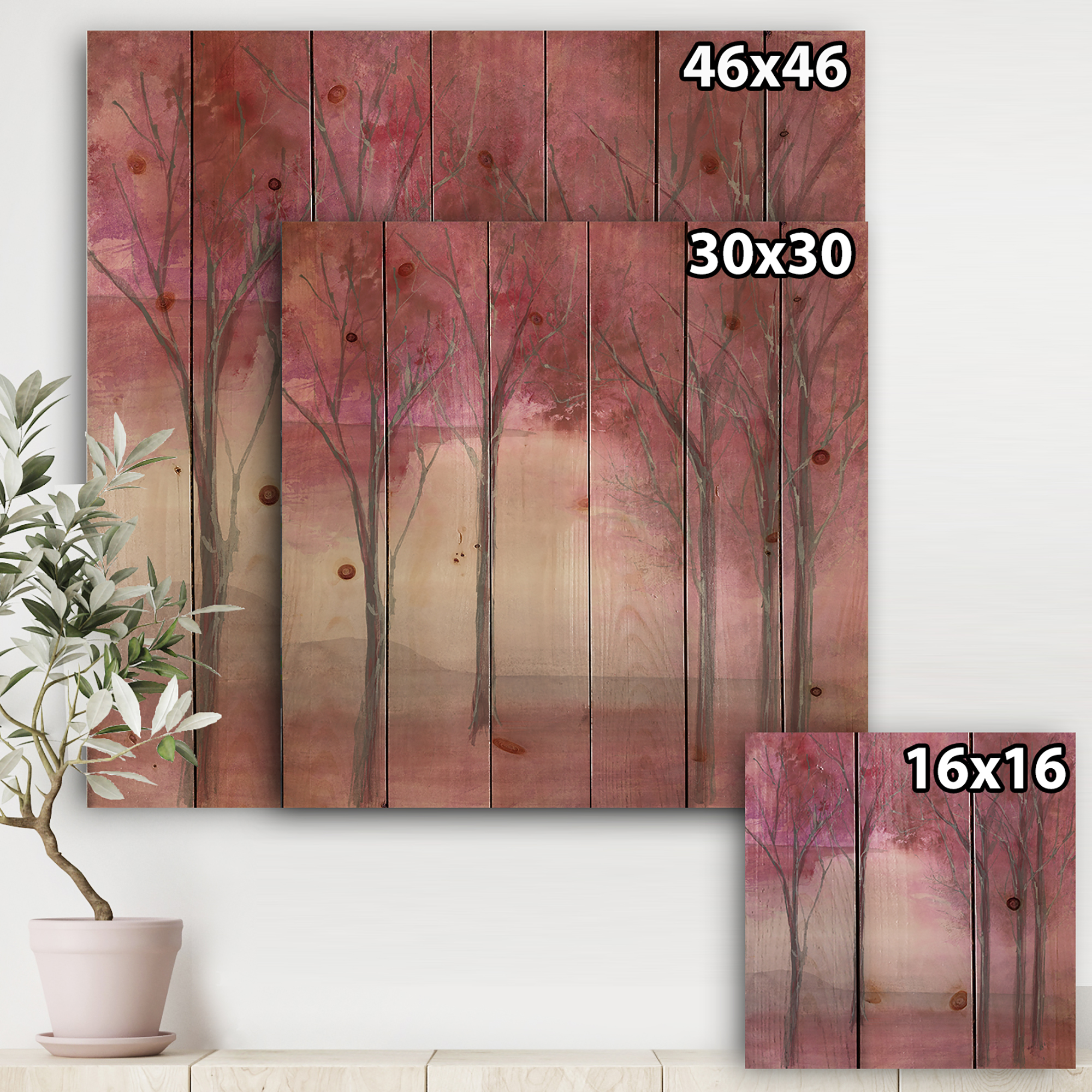 Designart 'Shabby Pink Under the Trees' Shabby Chic Print on Natural Pine Wood