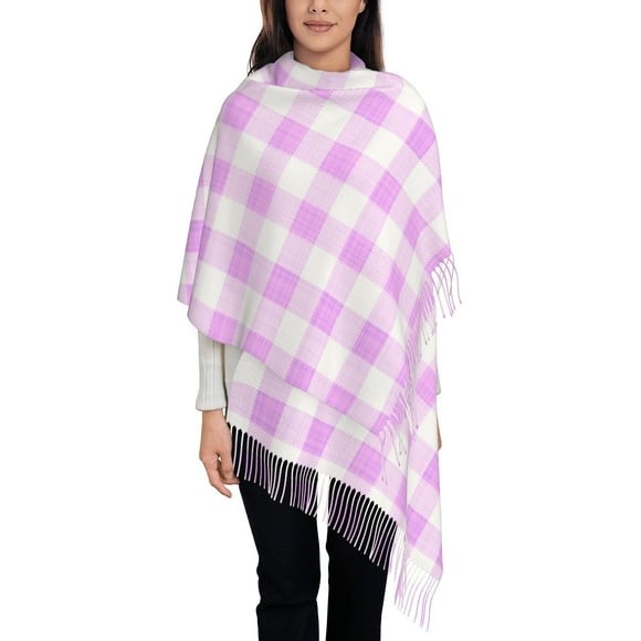 Women's Fashion Tassel Scarf, Purple Plaid Pattern Long Shawl, Lightweight and Warm