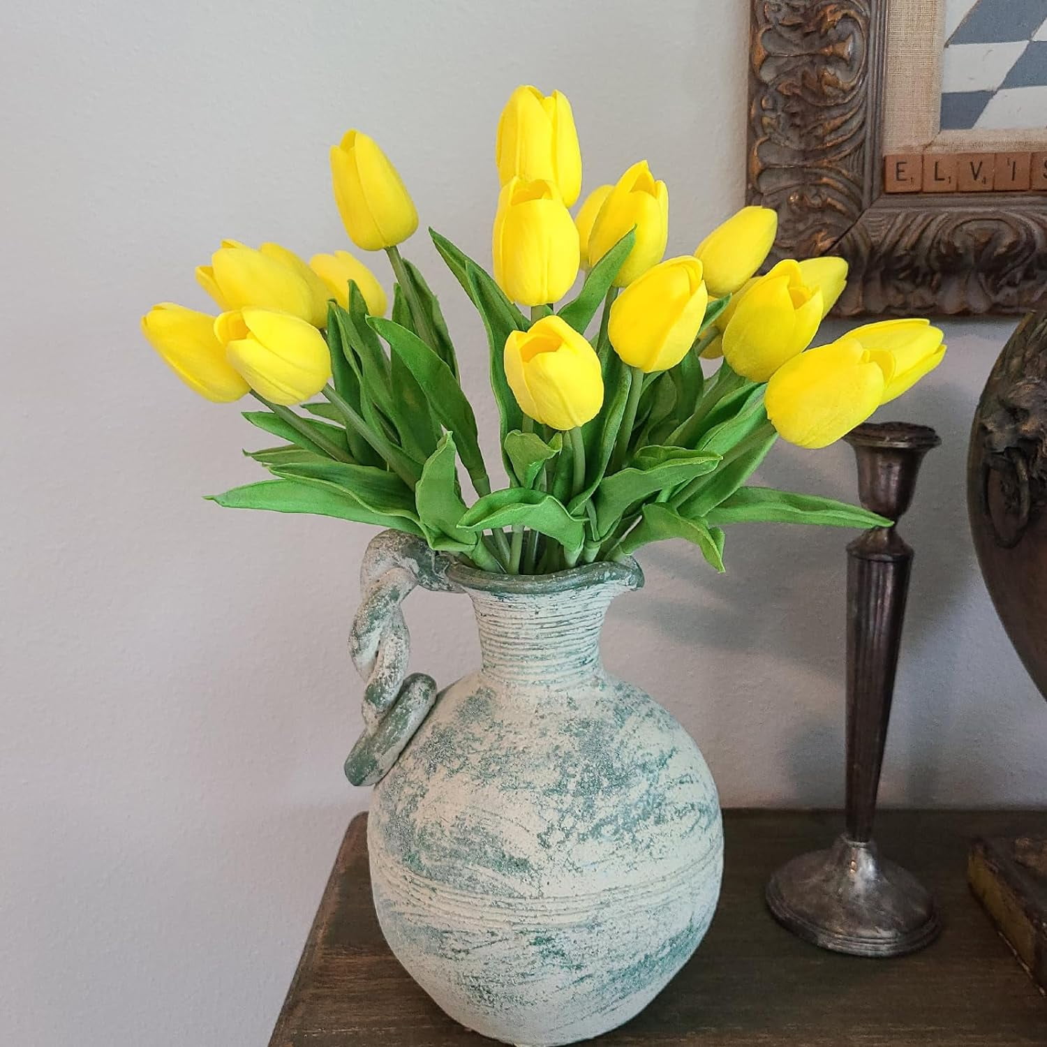 Tulips Artificial Flowers 20 Pcs Yellow Fake Tulip Stems Real Touch PU Tulips for Easter Spring Wedding Bouquet Home Centerpiece Floral Arrangement Table Décor