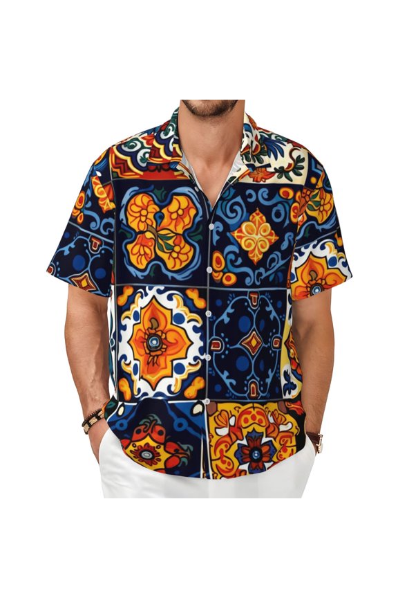Men Short Sleeve Button Down Shirts Summer Beach Hawaiian Tops , Talavera Mexican Tiles