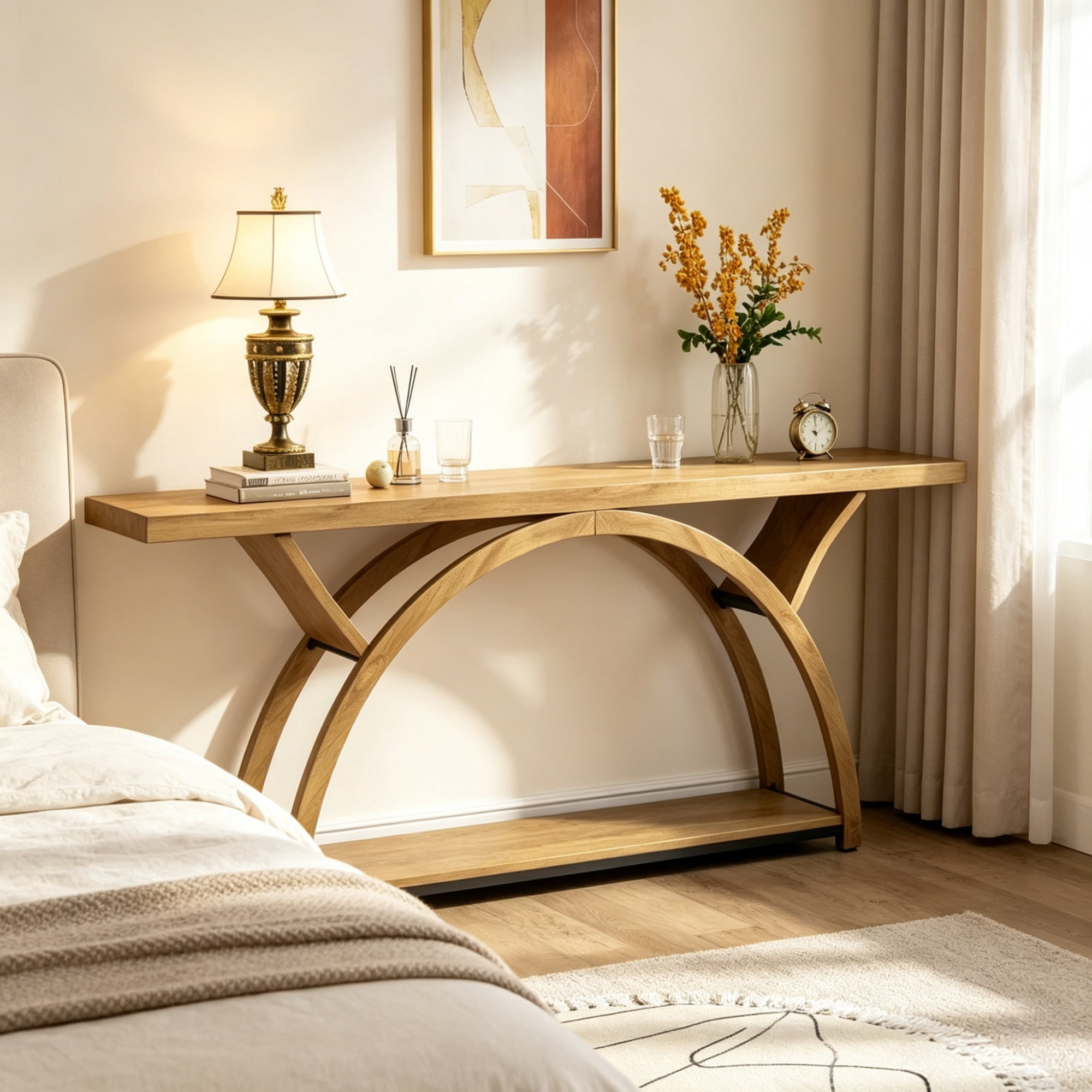 71 Inch Half Moon Console Table with 2 Tier Storage Shelves, Entryway Table