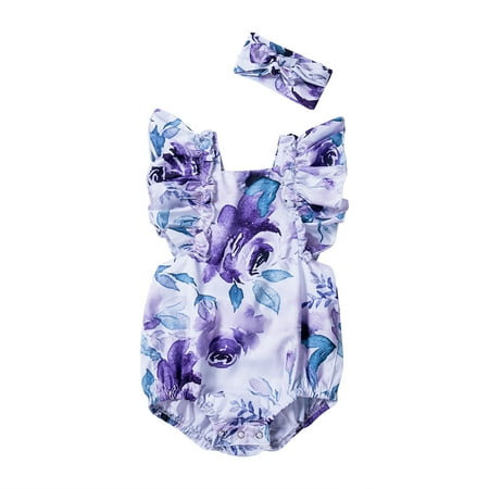 

Felcia 0-24m Baby Girl Floral Romper Ruffles Backless Jumpsuit Headwear Set