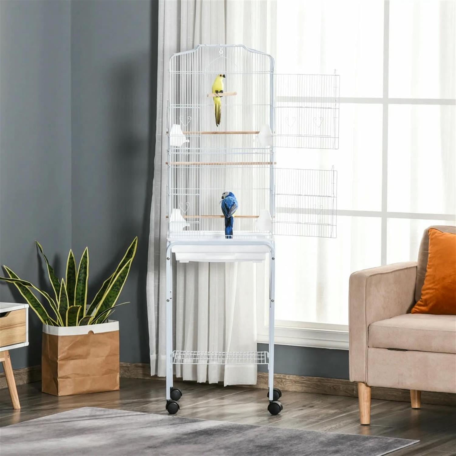 Kadyn 61" Height Metal Indoor Bird Cage Aviary Parakeet House with Detachable Rolling Stand for Parrots Conures Lovebird Cockatiel Parakeets, White