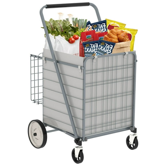Large Grey Foldable Shopping Cart with 360 Degree Swivel Wheels and Double Basket for Groceries or Laundry