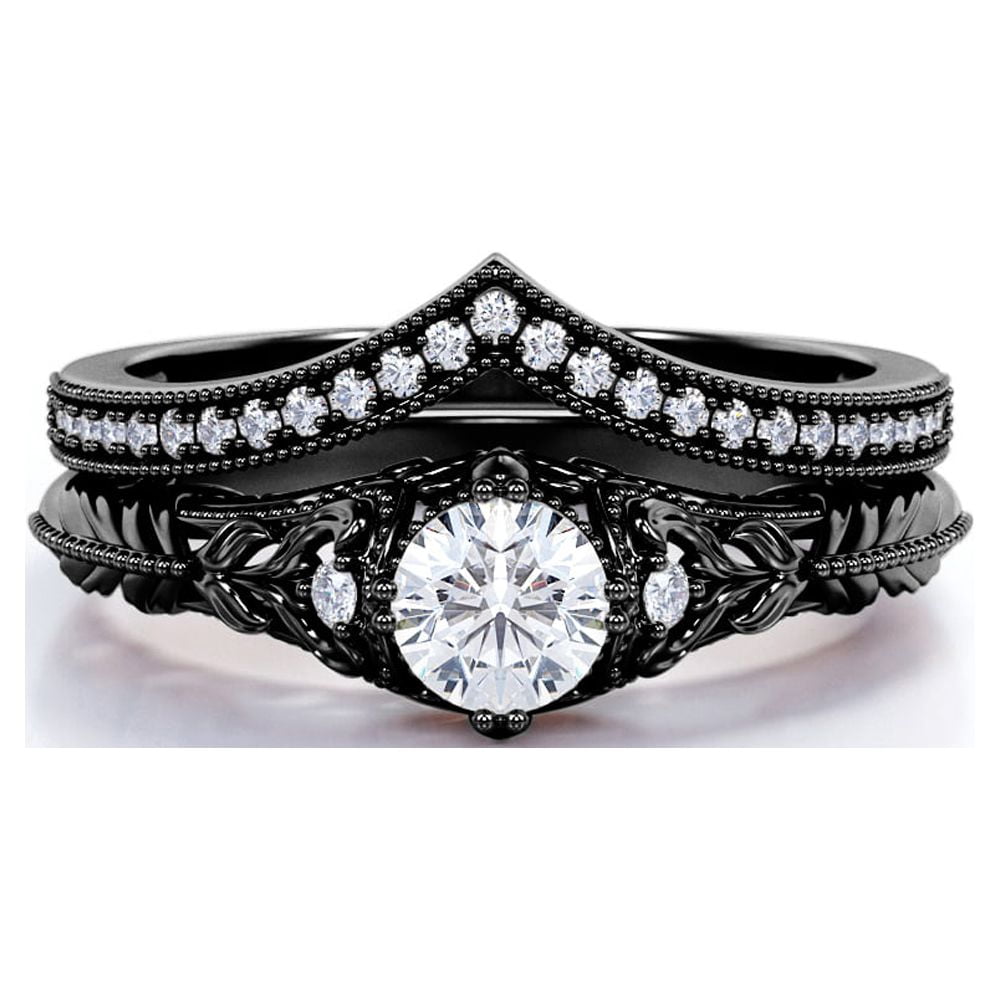JeenMata Engraved 0.75 Carat Round Cut Lab Grown Diamond Victorian-Inspired Wedding Ring Set with Chevron Wedding Band in 10k Black Gold