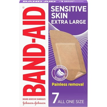 Band-Aid Brand Adhesive Bandages for Sensitive Skin, Hypoallergenic First Aid Bandages with Painless Removal, Stays on When Wet & Suitable for Eczema Prone Skin, Extra Large Size, 7 ct