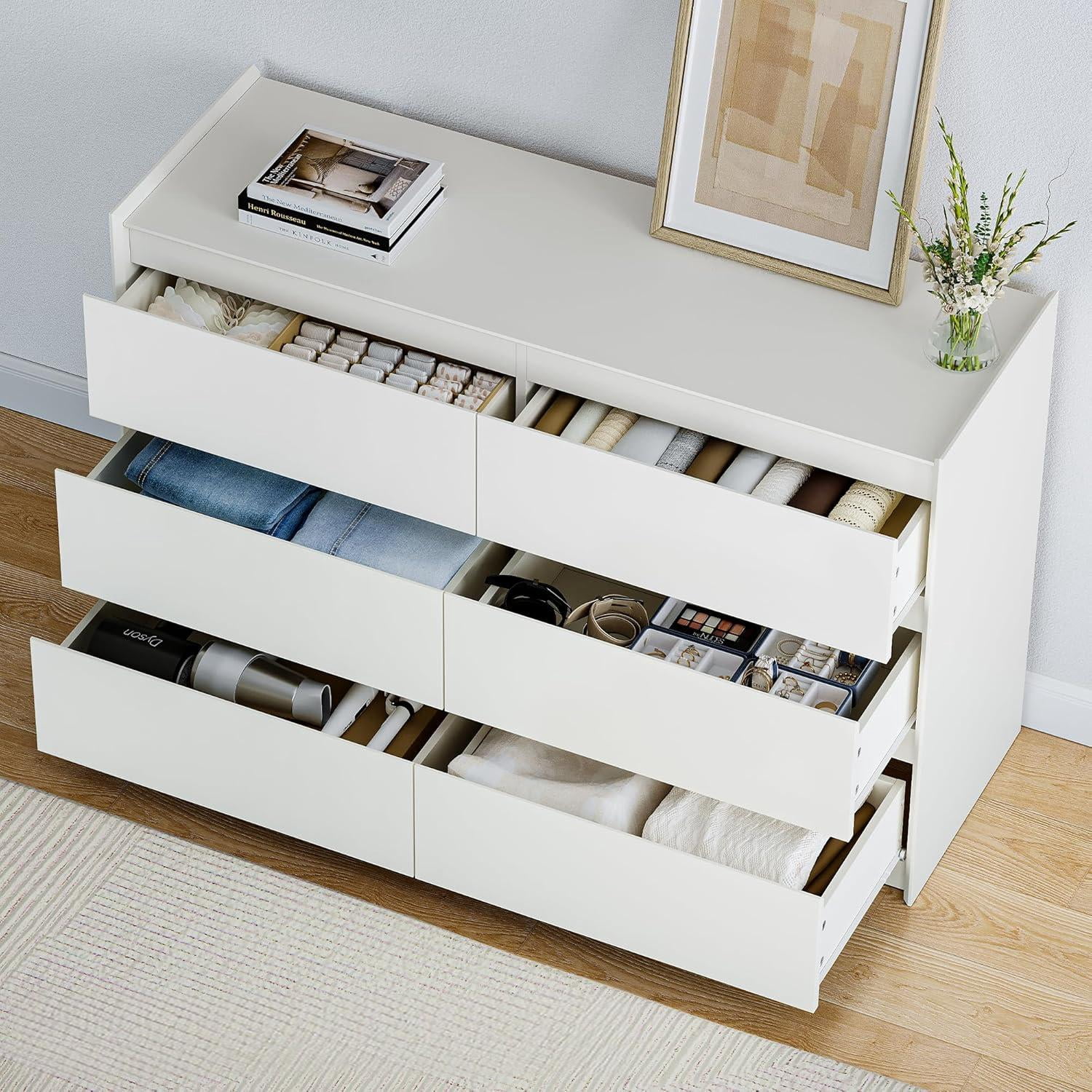 YAURA 47" Wide Modern White 6-Drawer Dresser, Chest of Drawers Storage Organizer for Bedroom, Closet, Hallway & Living Room