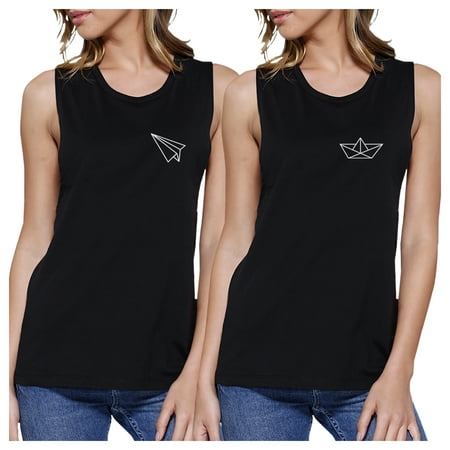 Origami Plane And Boat Black Cute Best Friend Matching Muscle