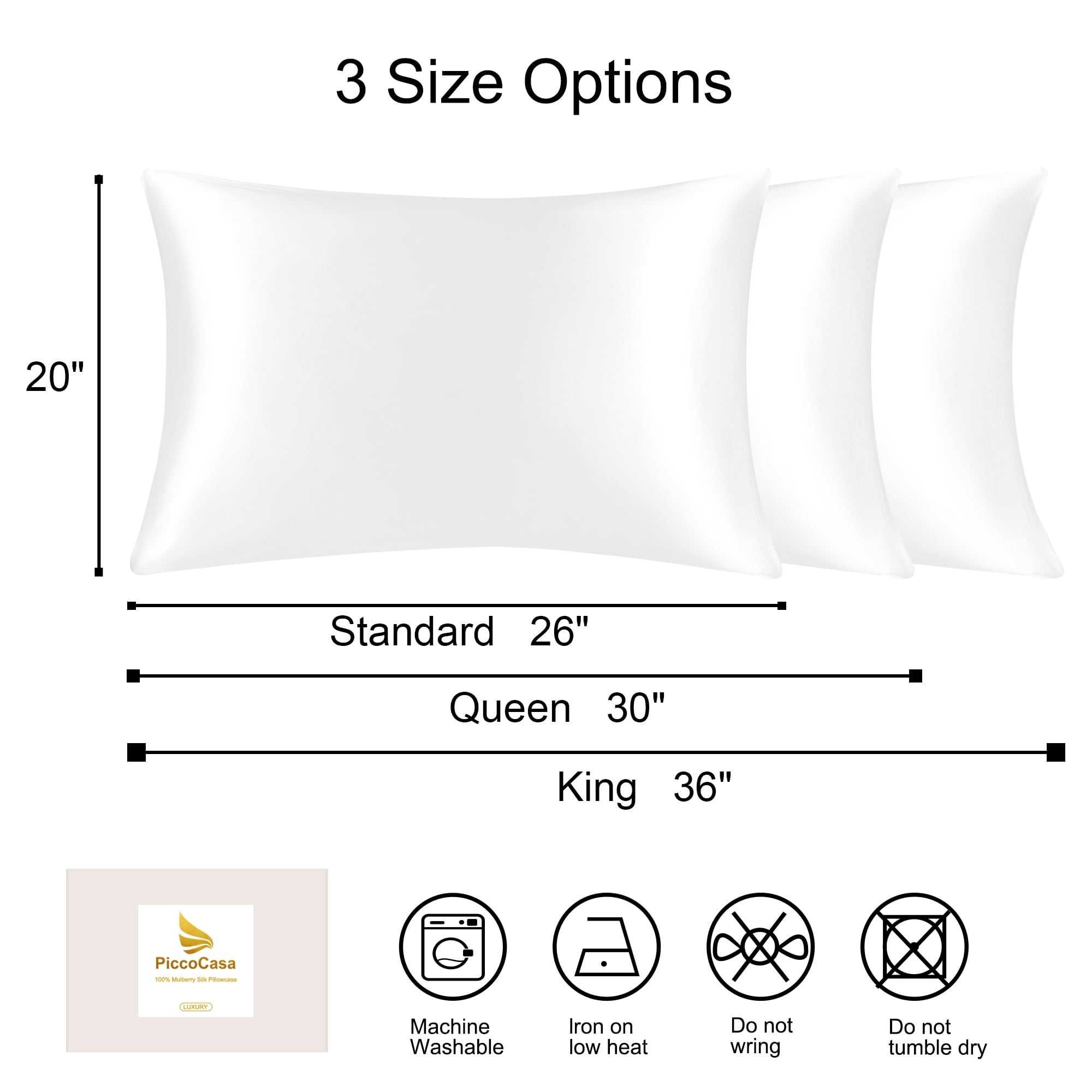 PiccoCasa 1 Pc 19 Momme Silk Pillowcase with Hidden Zipper King Snow White