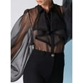 thumbnail image 5 of KelaJuan Women's Mesh Sheer Bodysuit Solid Color Long Puff Sleeve Lapel Ruffled Leotard Tops Shirt, 5 of 6
