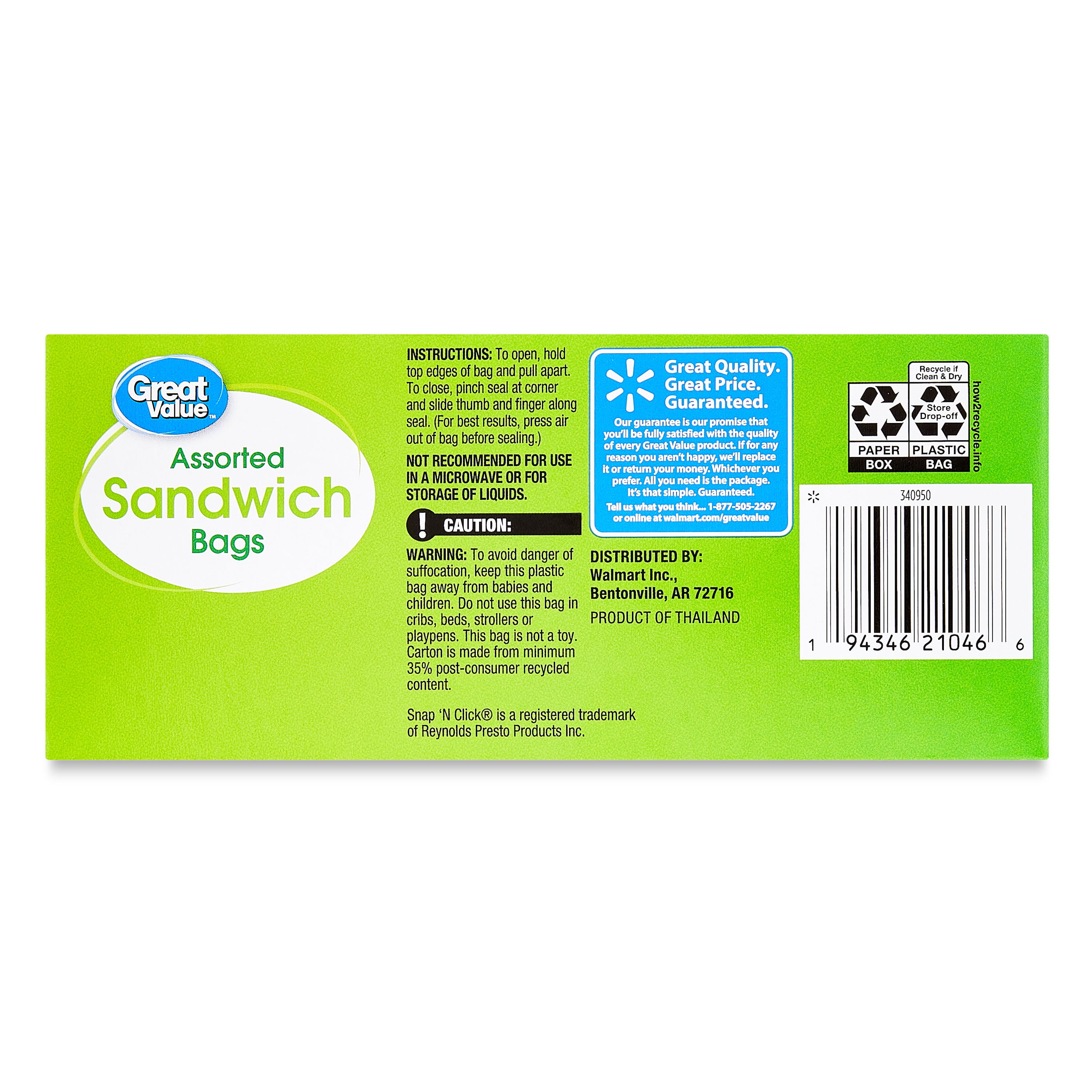 Great Value Double Zipper Sandwich Bags, Assorted Colors, 100 Count