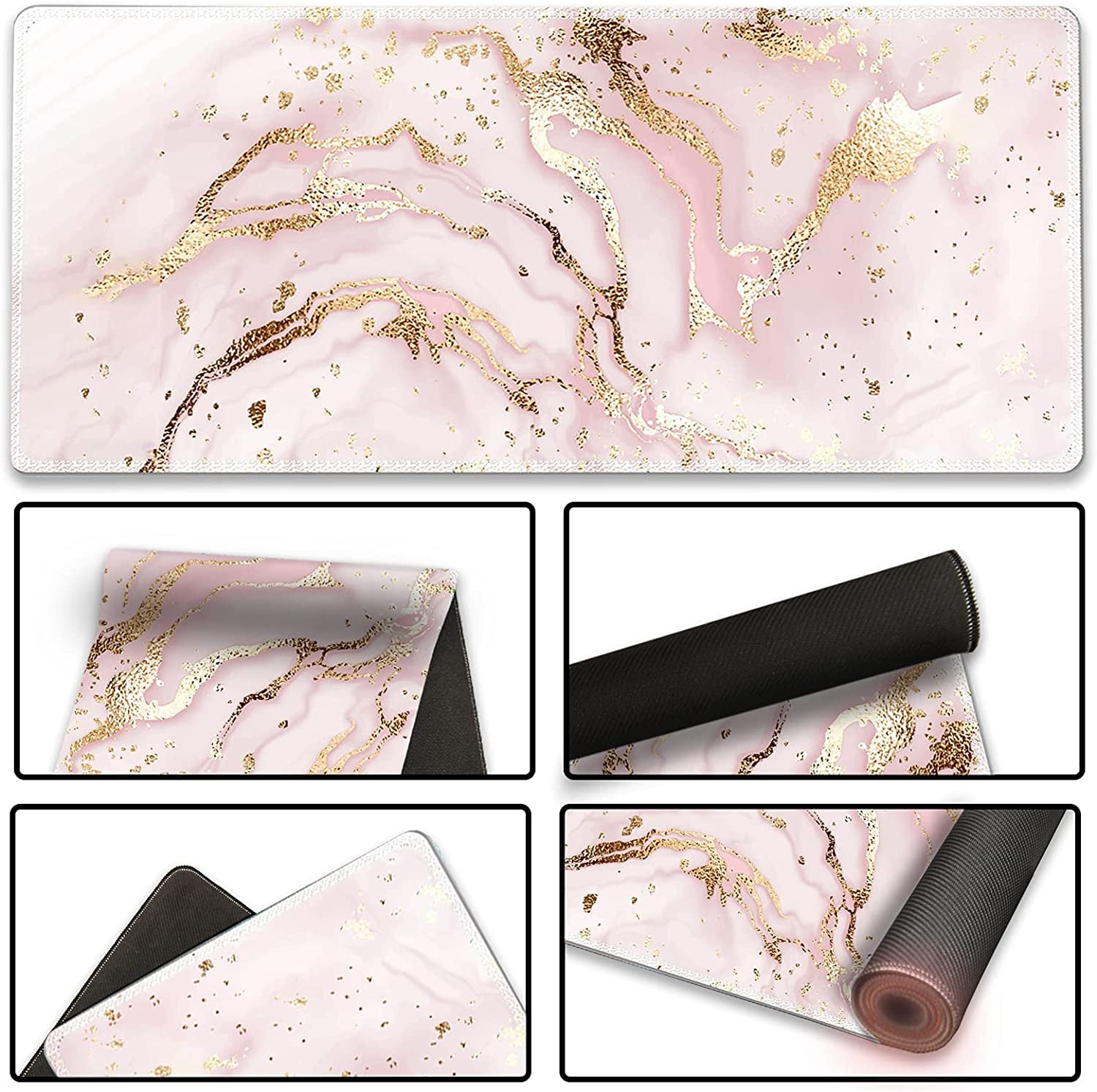 Extended Gaming Mouse Pad XXL Large Keyboard Mat Long Mousepad Desk Decor Writing Pad Non Slip Rubber Base Stitched Edges for Work, Game, Office, Home, 35.1" x 15.7" , Pink Marble
