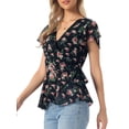 thumbnail image 4 of INSPIRE CHIC Women's Wrap Tops Floral Print V Neck Short Sleeve Tie Waist Peplum Blouses S Black Red, 4 of 5