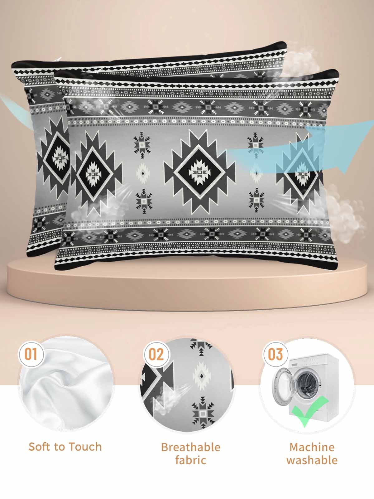 Gray Aztec Pillow Cases King Size Set of 2, Smooth Satin Pillowcase for Hair and Skin, Bohemian Southwest Country Ethnic Art Decorative Cooling Bed Pillow Covers with Zipper, 20x36 Inches