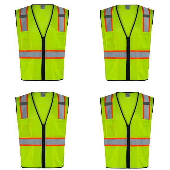 4Pack Everyday ANSI Class 2 with Contrast and Black Trim with 6 Pockets Zipper Vest (LIME)