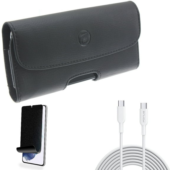 For Samsung Galaxy S21 (6.2") - Power PD Fast Charger Cord 6ft Long Type-C Cable   Holster Leather Case Belt Clip   [Fingerprint Works] TPU Film Privacy Screen Protector