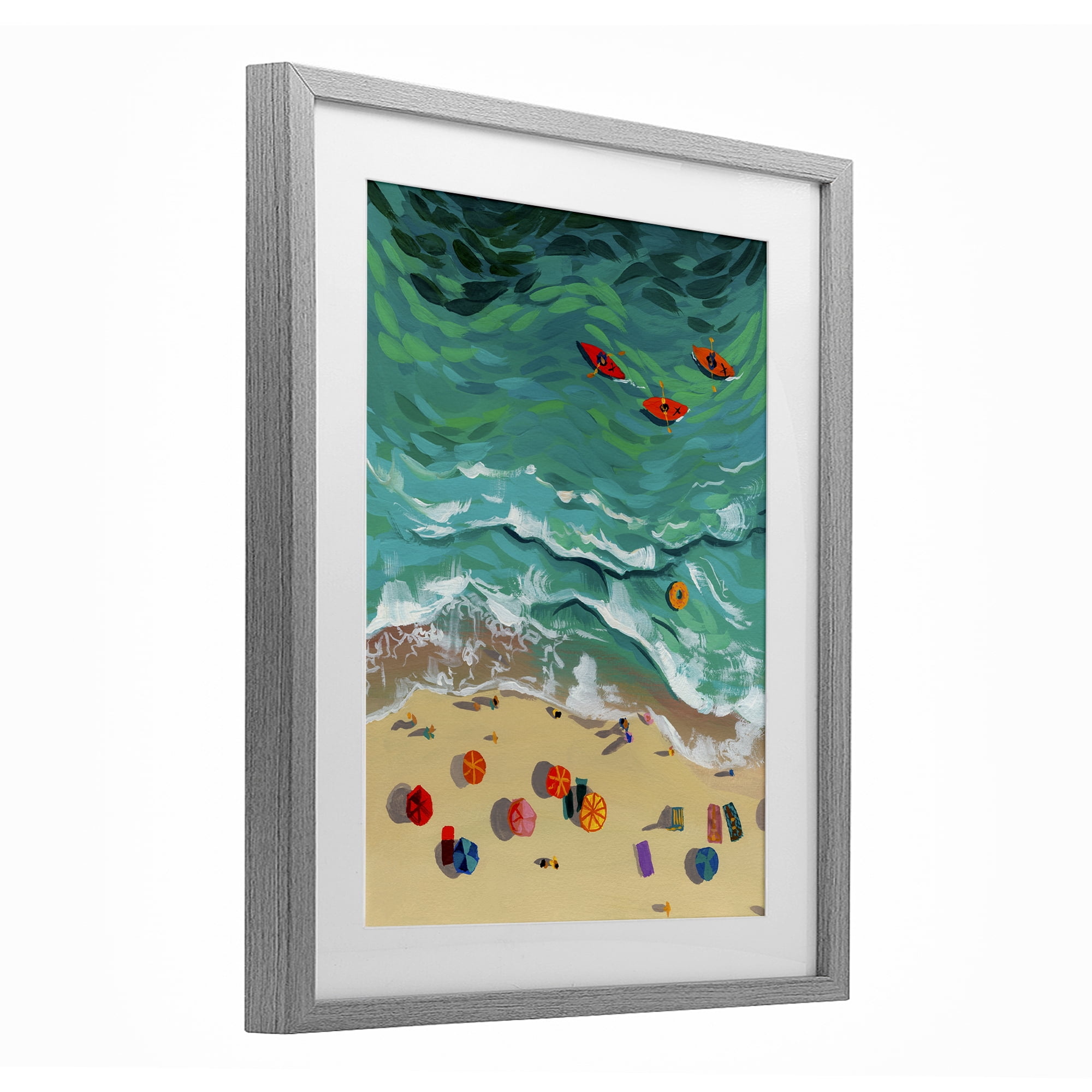 Stupell Industries Three Kayaks in Turquoise Waves Gray Framed Print Under Glass, design by Brook Page