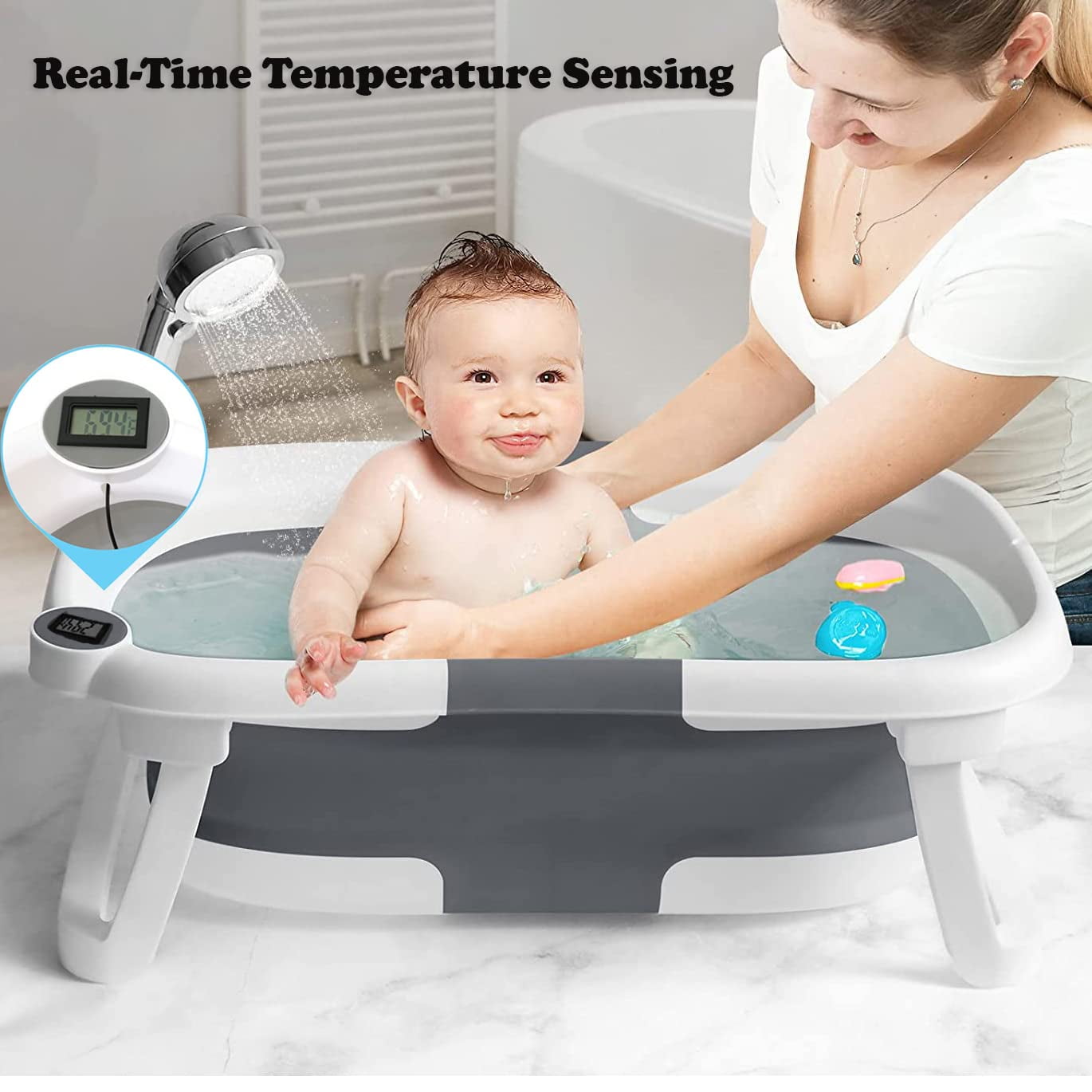 TOPCHANCES Collapsible Baby Bathtub with Thermometer, Newborn Baby Shower Tub with Baby Tub Cushion & Bath Net, Portable Baby Folding Bathtub for 0-12 Month Newborn, Grey