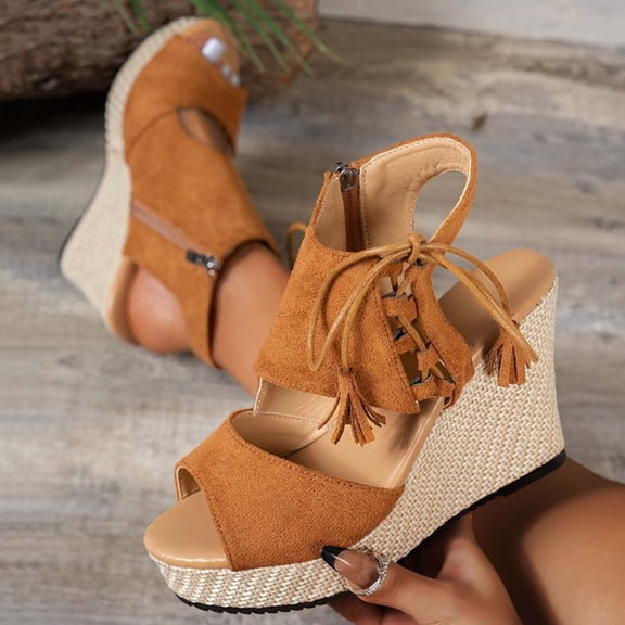 YgkuHd Women's Casual Wedge Sandals Peep Toe Faux Suede Lace-Up Front with Tassel Accents Espadrille Wedge Heel Brown,8.5