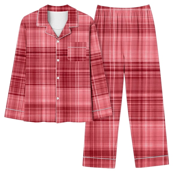 UAMVSH Womens 2 Piece Outfits Plaid Button Down Shirts and Wide Leg Pants Pajama Set Lapel Long Sleeve Comfy Nightwear