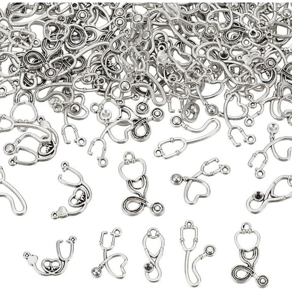 100 Pcs 5 Styles Alloy Stethoscope Pendants Antique Silver Nurse Pendants Tibetan Style Heart Pendants Nurse Graduation Pendants DIY for Necklace Bracelet