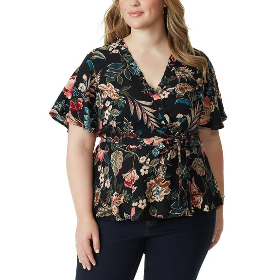 Jessica Simpson Trendy Plus Size Printed Wrap Top - Black - Arcadian Blooms,Size 1X