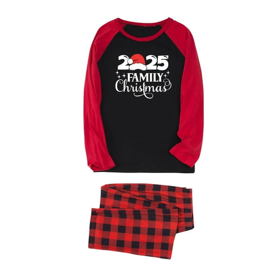 Mifsaly Christmas Family Pajamas Matching Sets 2025 Loose Christmas Pjs Crewneck Raglan Long Sleeve Sleepwear Merry Xmas Print Patchwork Nightwear Loose Plaid Pants Festival Funny Gifts Outfits