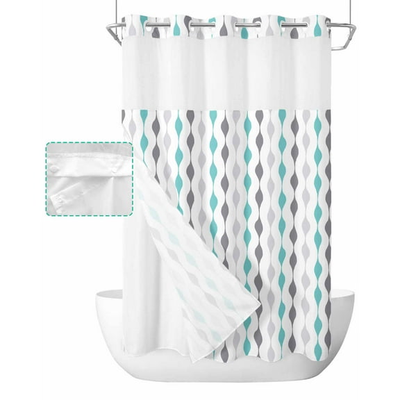 No Hook Shower Curtain with Snap in Liner, Teal Grey and Black Geometric Striped Hotel Shower Curtains for Bathroom, Washable Shower Curtain Liner Set with Mesh Top Window, 36"x78"