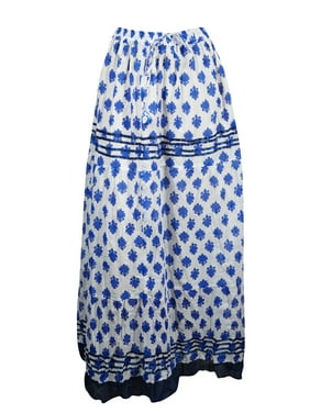Mogul Cotto White Blue Long Skirt Printed A-LINE Gypsy Hippie Chic Summer Comfy Skirts