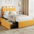 thumbnail image 1 of Twin Bed Frame with Storage Headboard, Kids Bed Frame with 2 Drawers, Boucle Upholstered Platform Bed with Bookcase, No Box Spring Needed, Easy Assembly, Yellow, 1 of 7