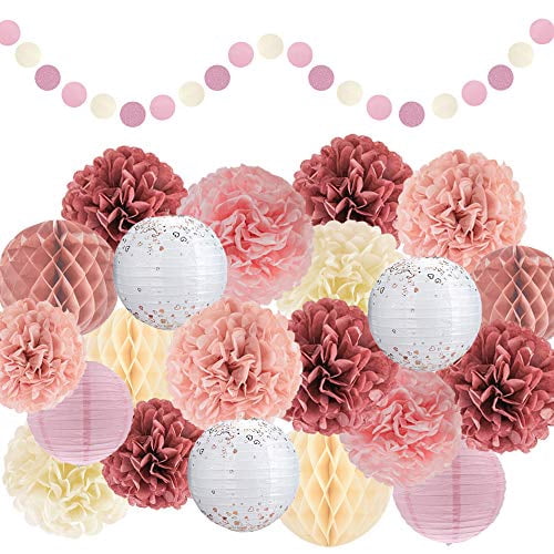 EpiqueOne Special Occasion Decoration Set - 22 Pcs Dusty Rose, Mauve, Blush Pink, Cream Decoration Kit - Pom Poms, Lanterns, Honeycomb & Garland - Decor for Birthday, Wedding, Baby Shower Party
