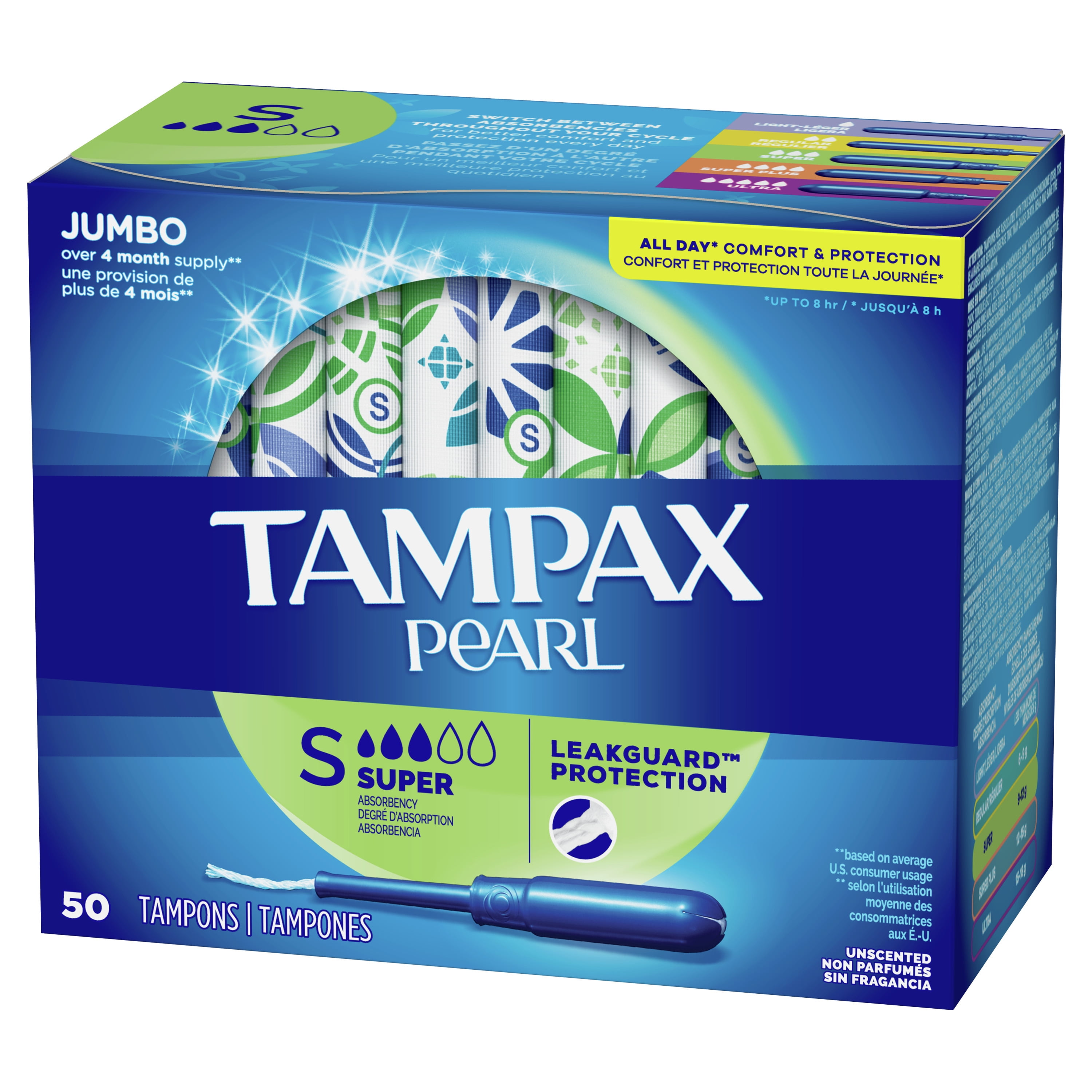 Gladys Automatisering diagonal Tampax Pearl Tampons Super Absorbency with BPA-Free Plastic Applicator and  LeakGuard Braid, Unscented, 50 Count - Walmart.com