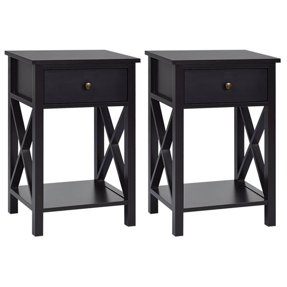 Topbuy 2-Piece X-Design Side End Table Multifunctional Nightstand with Drawer & Shelf Black