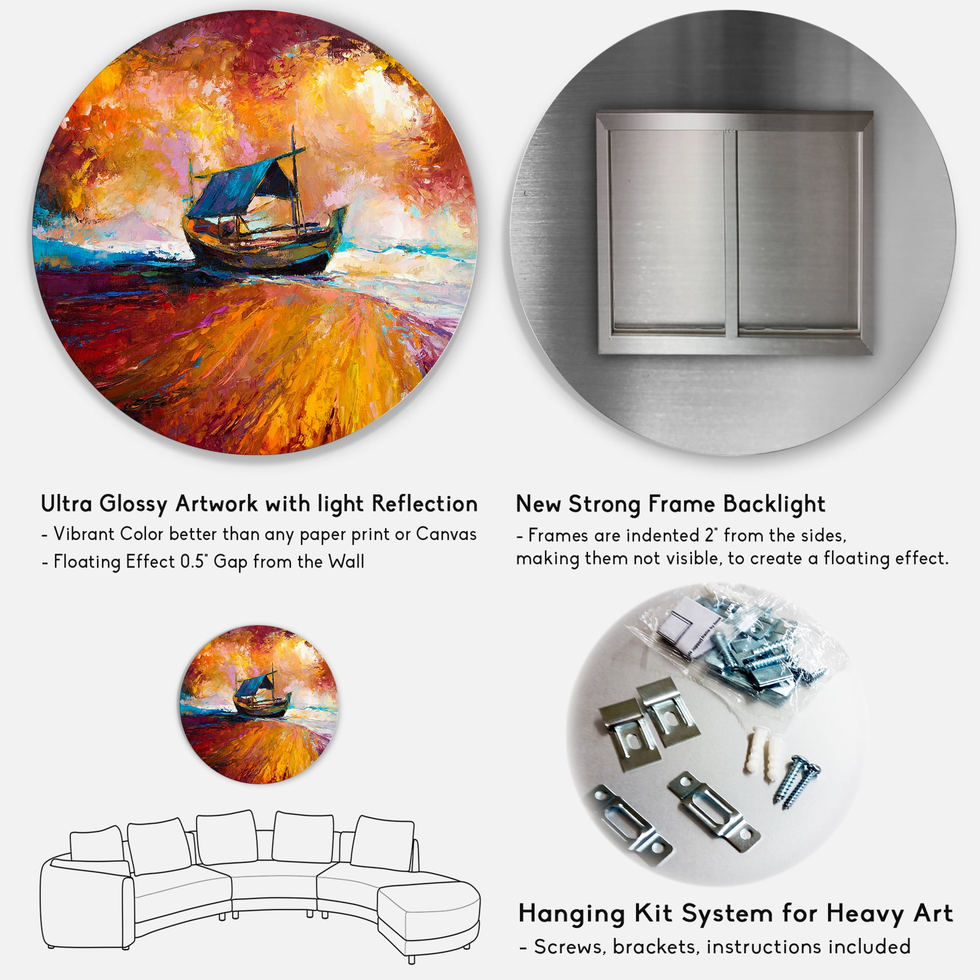 Designart 'Traditional Fisherboat During Ocean Evening Glow' Nautical & Coastal Circle Metal Wall Art 11x11 - Disc of 11