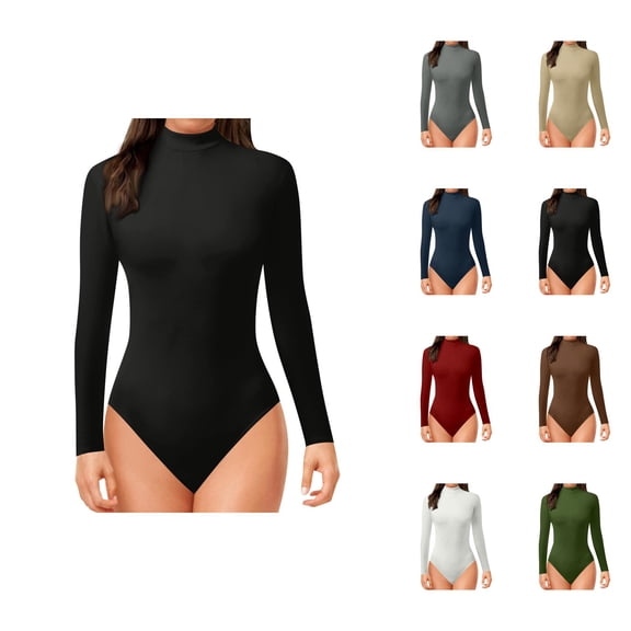 Women Fashion Turtle Neck Long Sleeve Solid Tops Bodysuit Jumpsuit, One-Piece Stretch Fit for Casual & Everyday Wear