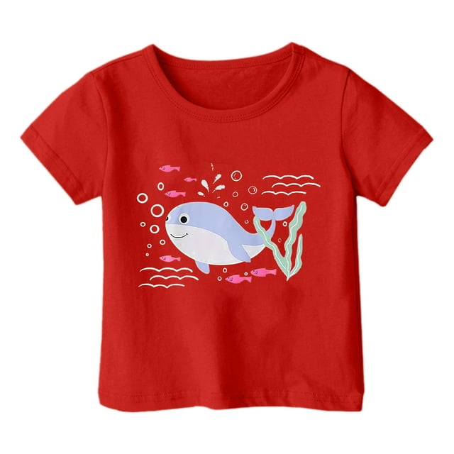 NINGMENG Hauts et T-Shirts pour Filles, Imprimé Graphique Océan, Col Rond, Manches Courtes, Rouge, 10-11 Ans