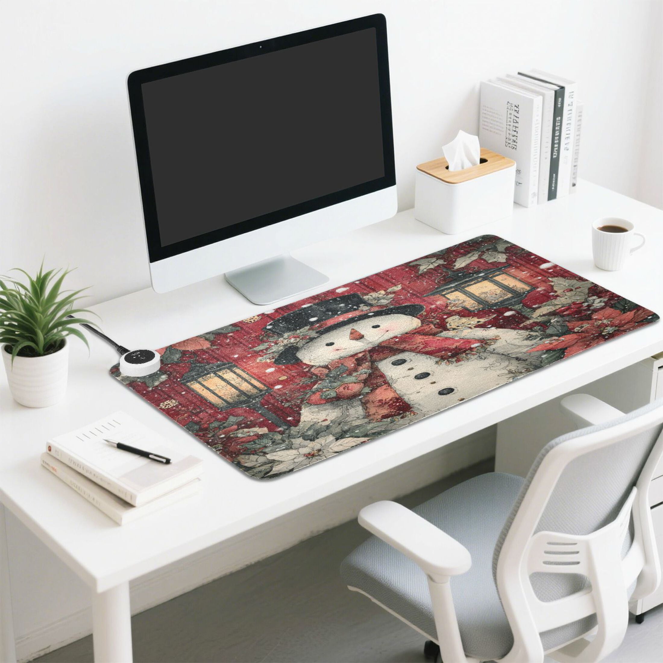 Wobogo Plump Snowman Heated Mouse Pad Extra-Large Desk Mat With 3 Heating Levels and 3-hour Auto Shut-Off Protection Ideal for Computer Keyboards Home Office Hand-warming Essential 31.5in × 13in