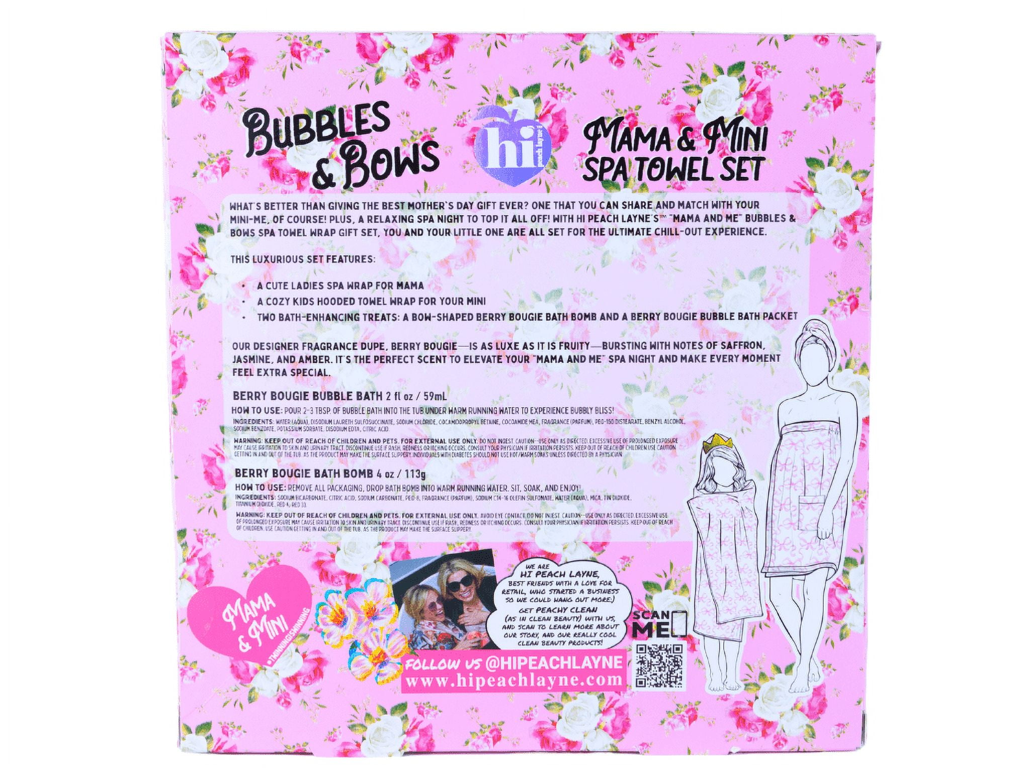 Hi Peach Layne Mama & Me Bath Wrap Set with Pink and White Bow Designs, includes Berry Bougie Bubble Bath 2 fl oz, and Pink Bow Bath Bomb 4 oz